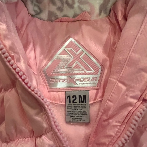 ZERO XPOSURE Infants Pink Puffer Coat w/ Faux Fur & Flower Embroidered Logo 12M - Picture 3 of 5